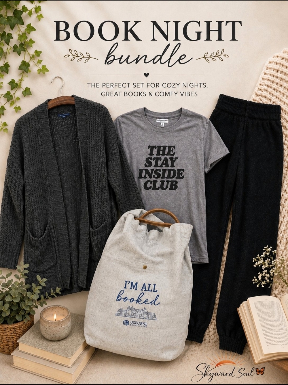 Book Night Cozy Lounge Bundle | Cardigan + Tee + Plush Joggers + Book Backpack